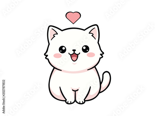 Cute white cartoon cat with pink heart