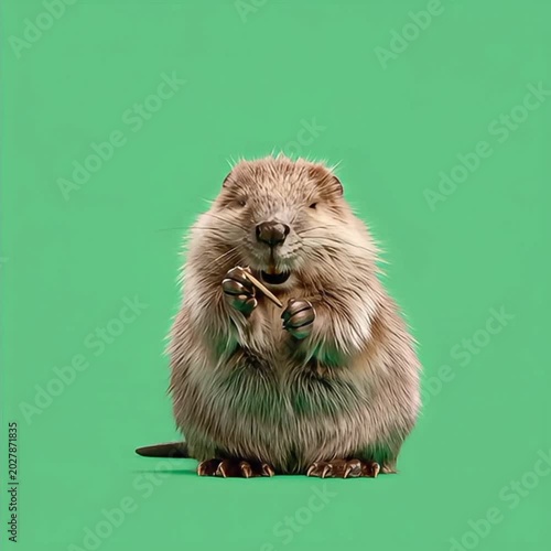 Beaver holding a small wooden stick moving in a seamless loop animation for commercial creative projects