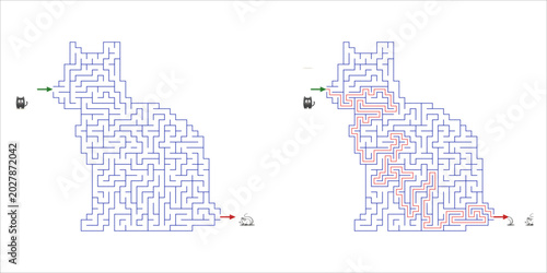 Cat shaped maze with solution 