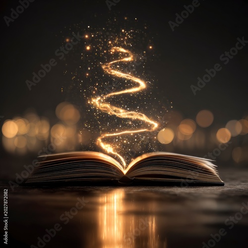 Open book with magical golden light and swirling sparkles rising from pages, conceptual fantasy literature with glowing bokeh background.