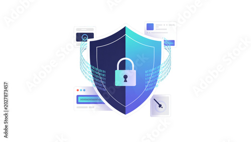 Fotografija Modern security shield with padlock and magnifying glass icon illustration Vecto