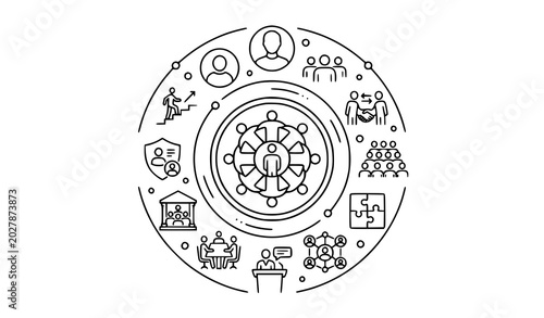 Photos People and community icon set with thin line organization symbols isolated on wh