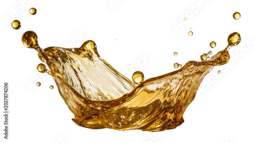 Golden amber liquid splash with droplets, isolated on transparent background
