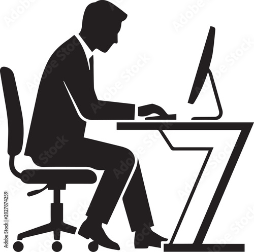 Schilderij op canvas Silhouette of a professional businessman sitting at a modern desk working on a d