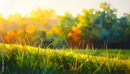 Sunlit green grass field with trees in background at sunset