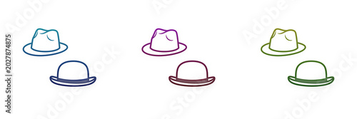 Tableau sur toile Colorful fedora and bowler hat line art icon set