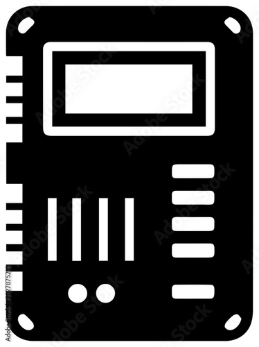 Solid black filled icon of a plc programmable logic controller on a white background symbolizing industrial automation and technology