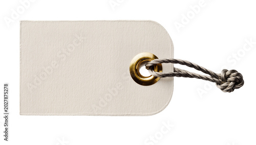 Bild auf Leinwand Blank beige paper tag with brass grommet and grey string knot, isolated on trans