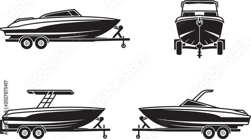 Speed boats on trailers from different angles side front top view on transparent background.