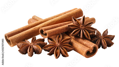 Brown cinnamon sticks and star anise spice mix, isolated on transparent background