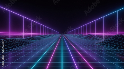 Retro 80s synthwave landscape with glowing neon grid and mountains