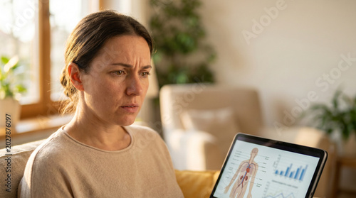 Woman intently reading a medical website on a laptop, seated in a cozy living room with natural light and soft beige tones, analyzing health information charts