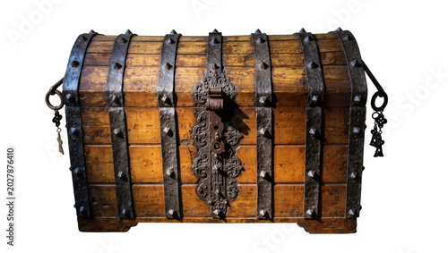 Canvastavla Antique wooden treasure chest with ornate metal fittings and keys, isolated on t