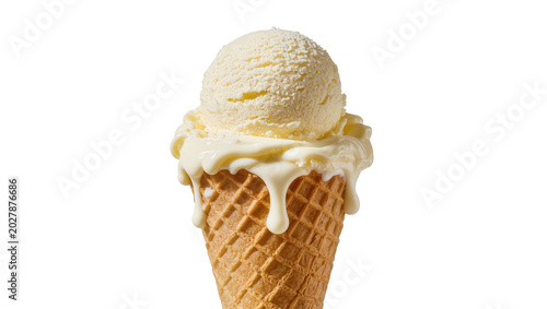 Tableau sur toile Creamy vanilla ice cream scoop melting over a crisp waffle cone, isolated on tra