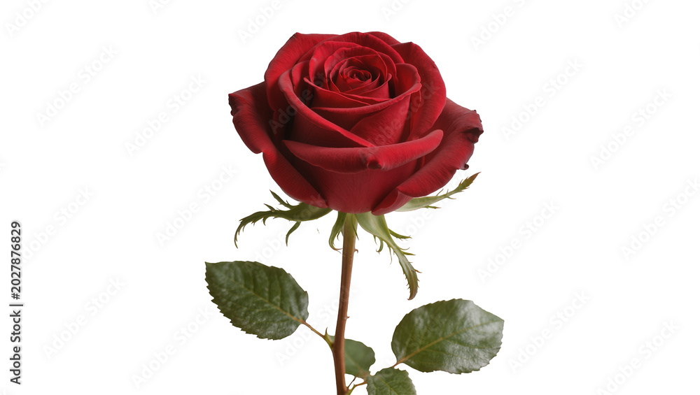 Fototapeta premium Deep red rose with green leaves, isolated on transparent background