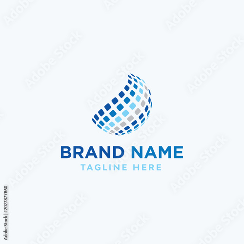 Global digital technology logo with 3D abstract pixel globe network vector template