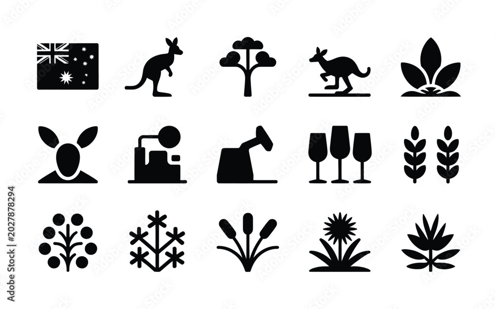 Obraz premium Australian wildlife and plants icons in flat design style with wine glasses