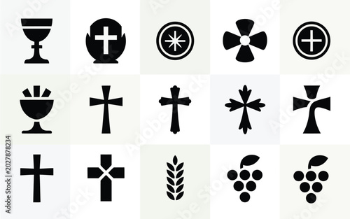 Foto Minimalist black silhouette icons featuring crosses chalices grapes wheat and re