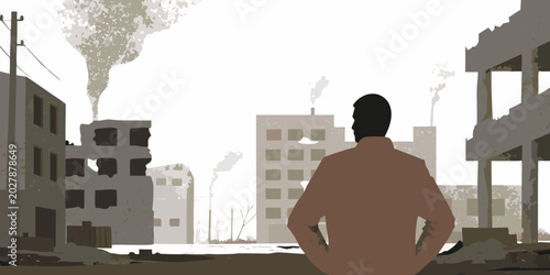 Foto Post apocalyptic cityscape illustration with figure somber and desolate