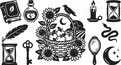 Whimsical black and white mystical symbol illustrations set