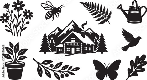Black and White Mountain House Nature Icons Set