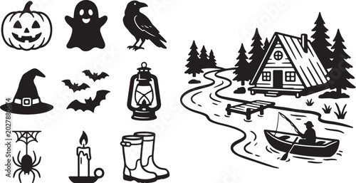 Halloween icons and cabin in the woods scene