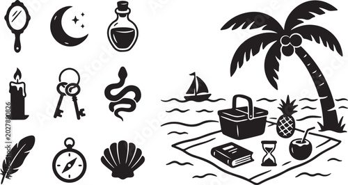Black and white tropical beach vacation icons set