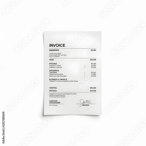 Professional Business Invoice Mockup on White Background - Minimalist Financial Document Template for Accounting and Billing