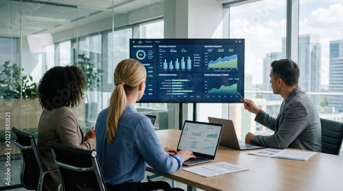Diverse business team analyzing ESG portfolio and renewable projects performance metrics on large monitor in glass meeting room, sustainability reporting concept