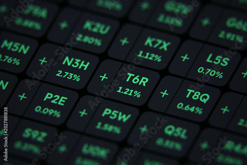 Bild auf Leinwand Close-up of digital financial dashboard showing green glowing stock market tickers and positive growth percentages