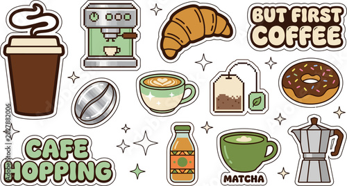 A vibrant sticker pack featuring a variety of coffee drinks and pastries in a y2k aesthetic.