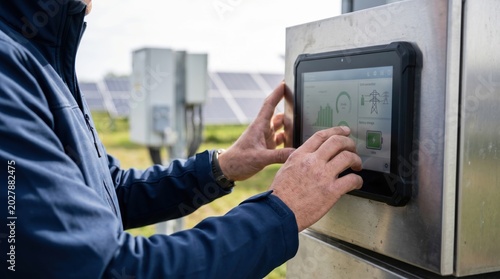 Technician operating solar panel control system using rugged tablet device outdoors at renewable energy farm with photovoltaic arrays in background.