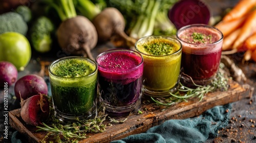 Four glasses containing different colored healthy vegetable and fruit shots are displayed on a rustic wooden board.