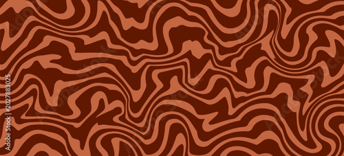 Retro coffee color background. Milk chocolate liquid dessert texture. Wavy swirl candy pattern for poster, cover, banner, pamphlet. Vintage brown trippy hippie wallpaper in 60s or 70s style. Vector