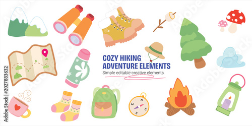 Cozy Hiking Adventure Illustration Set with Camping and Outdoor Nature Elements