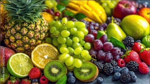 Abundant arrangement of fresh, colorful tropical and temperate fruits displayed closely together