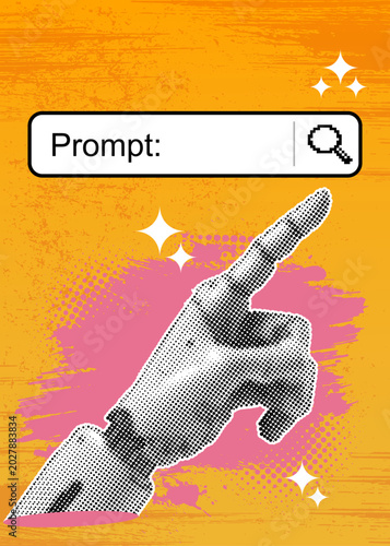 Trendy Halftone Collage of Artificial Intelligence and Digital Technology with Robotic Hand Pointing at Search Prompt Bar and Index Finger Gesture. AI Search Engine Mixed Media Vector Design