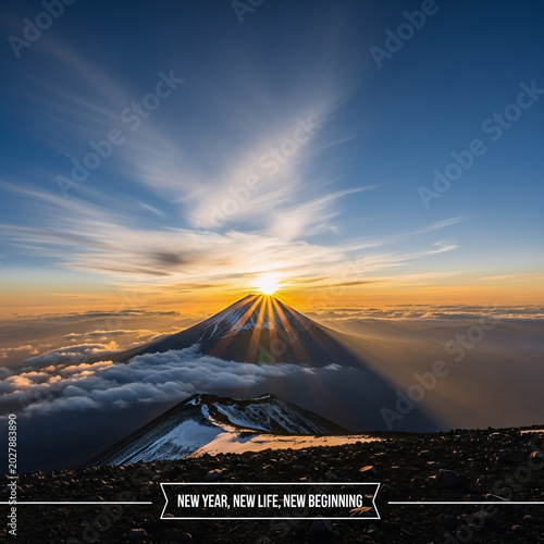 Majestic mount fuji peak glowing under the radiant golden sun rising above the thick clouds during a peaceful morning in this breathtaking high altitude landscape photograph captured in beautiful japa
