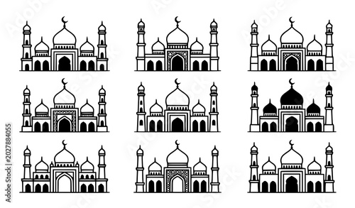 Photography Black and White Mosque Vector Icon Set with Masjid Silhouettes