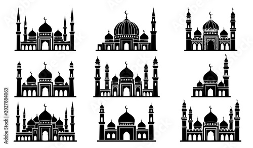 Photography Minimal Mosque Silhouette and Masjid Icon Vector Illustration Set