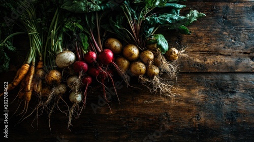 Freshly harvested root vegetables are displayed upon a dark wooden surface