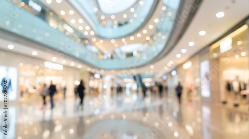Abstract blurred background of modern shopping mall interior with soft bokeh lights and silhouettes of people creating professional commercial atmosphere for retail business