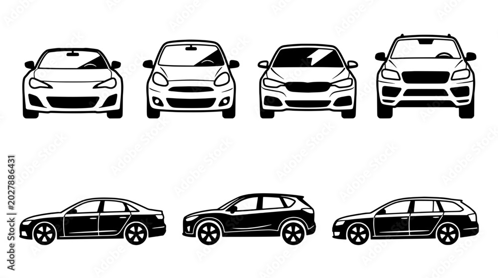 Obraz premium Car icon set showing sedan and sports car front views on clean white background featuring vehicle pictograms, automobile, automotive with