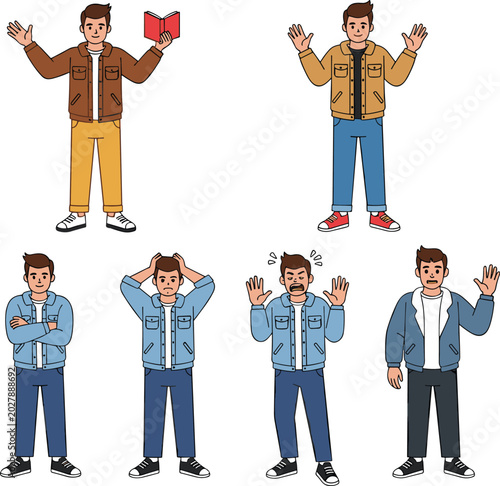 Male Character in Different Emotional and Expressive Poses Wearing Casual Jackets and Jeans for Lifestyle and Illustration Design