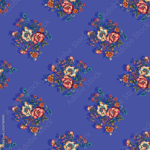 Floral Pattern with Bouquets on Blue Background