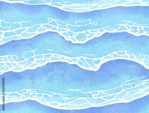 Quadro em tela Blue Watercolor Ocean Waves Abstract Background with Sea Foam Texture Hand Paint