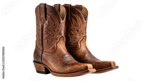 Canvastavla Brown leather cowboy boots with intricate stitching, isolated on transparent bac