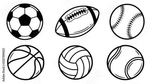 Sports balls set with soccer, football, baseball, volleyball, and tennis ball icons in clean monochrome style