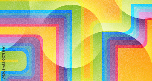Abstract background with vintage geometric pattern of colorful rainbow stripes, circles, and grainy texture. Vector creative design template