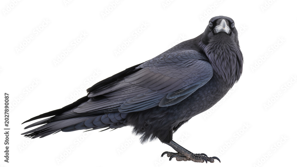 Fototapeta premium Black raven bird with dark feathers standing alert, isolated on transparent background
